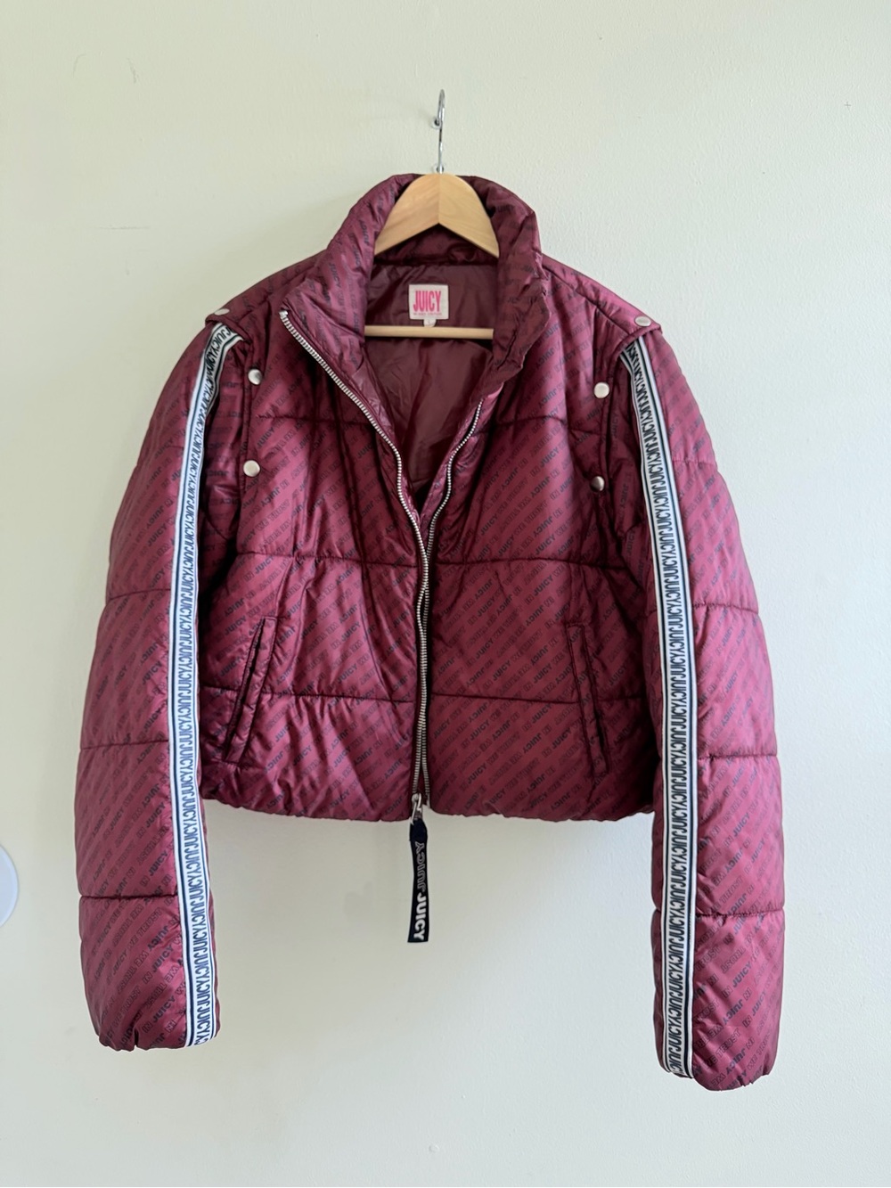 Juicy Couture Burgundy Quilted Logo-Strip Puffer Jacket